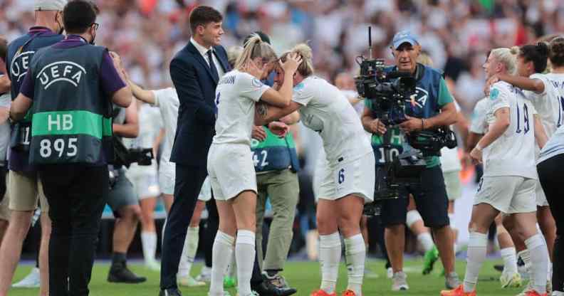 England celebrates winning after the UEFA Women's European Championship match between England and Germany.