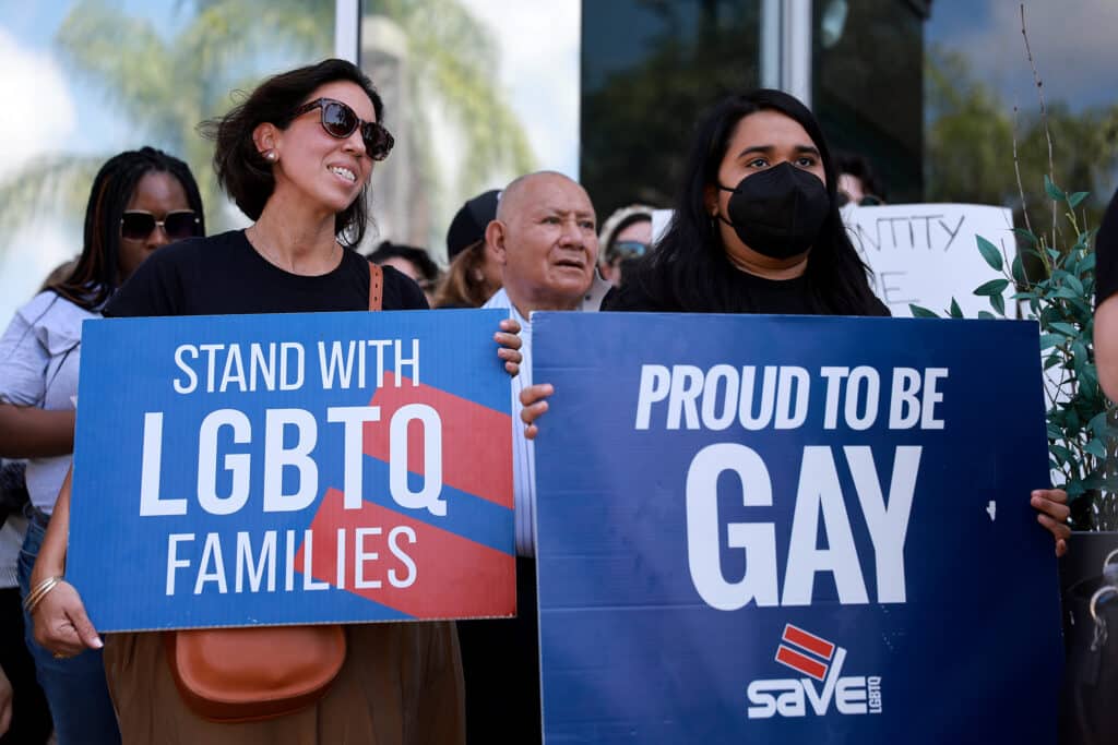 Protestors in front of Florida State Senator Ileana Garcia's office after the passage of the Parental Rights in Education bill, dubbed the "Don't Say Gay" bill by LGBTQ activists.