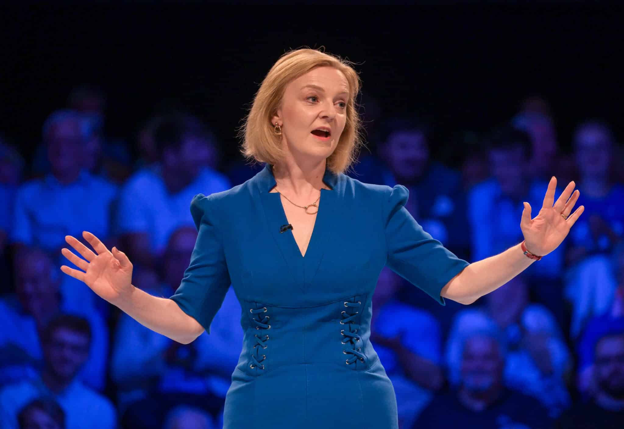 Foreign Secretary Liz Truss speaks during the second Conservative party membership hustings on August 01, 2022 in Exeter, England.