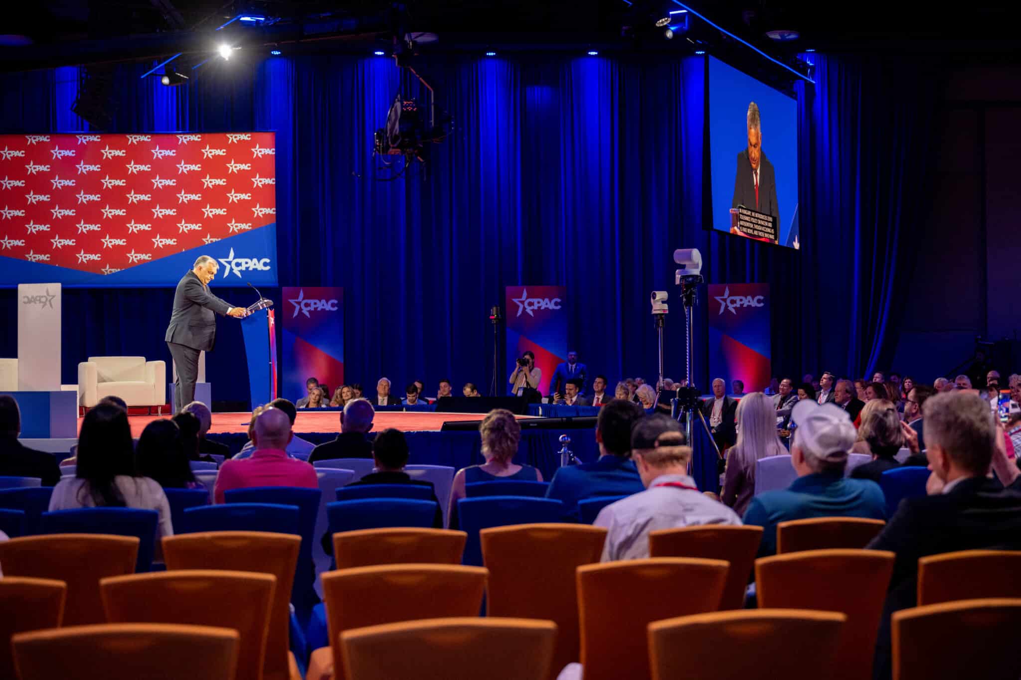 Orbán speaks to a relatively sparse crowd at the CPAC.