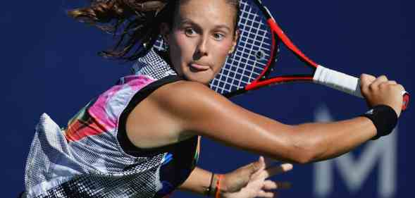 Daria Kasatkina returns a shot from Shelby Rogers in the singles finale at Mubadala Silicon Valley Classic.