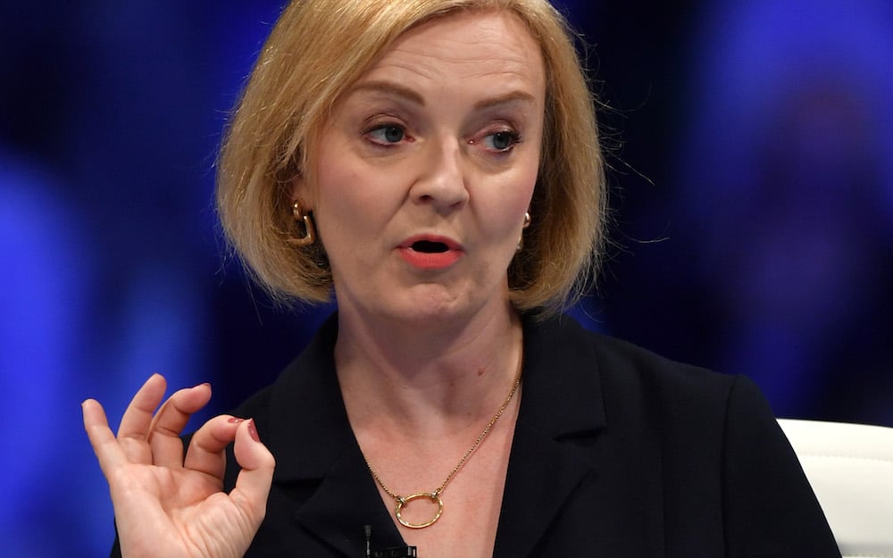 Liz Truss speaks on stage the Birmingham hustings