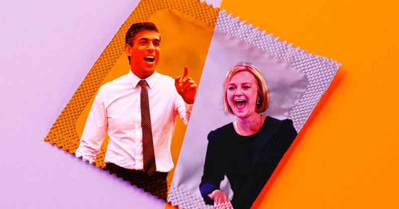 In this illustration, the faces of Liz Truss and Rishi Sunk are printed on a condom wrapper