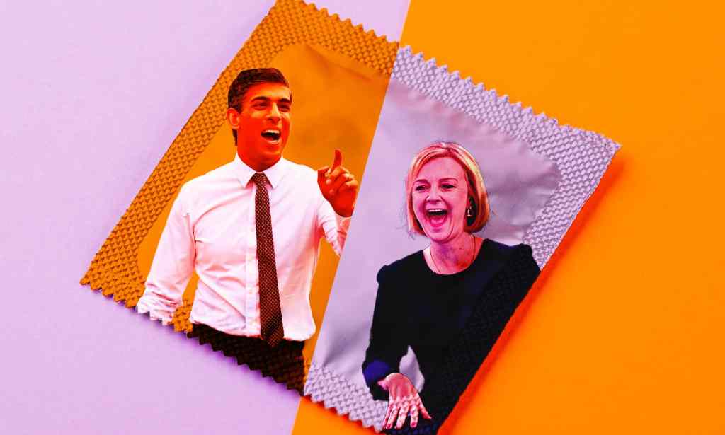 In this illustration, the faces of Liz Truss and Rishi Sunk are printed on a condom wrapper