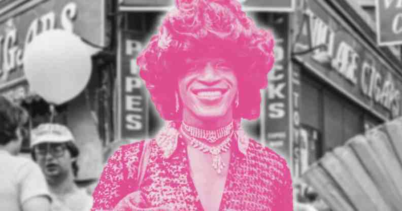 A graphic of Marsha P Johnson detailed in pink amid a greyscale background