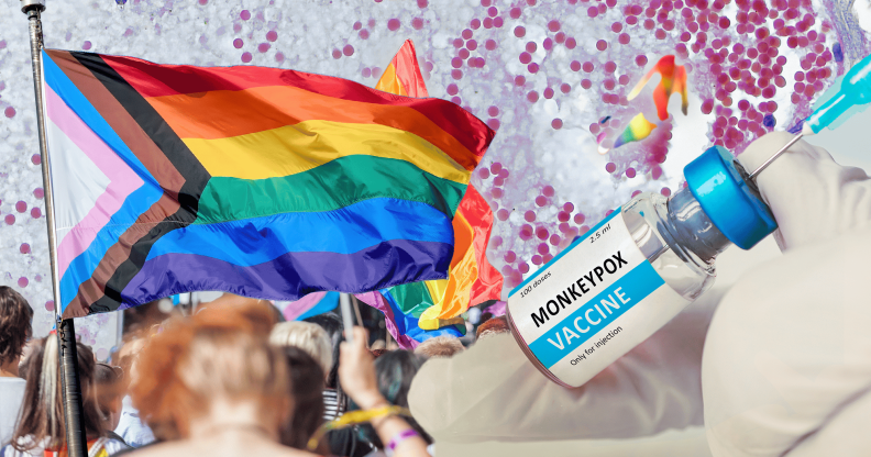 A collage of people marching in Pride, waving the Progress Pride flag, alongside a gloved hand holding a vial of monkeypox vaccine