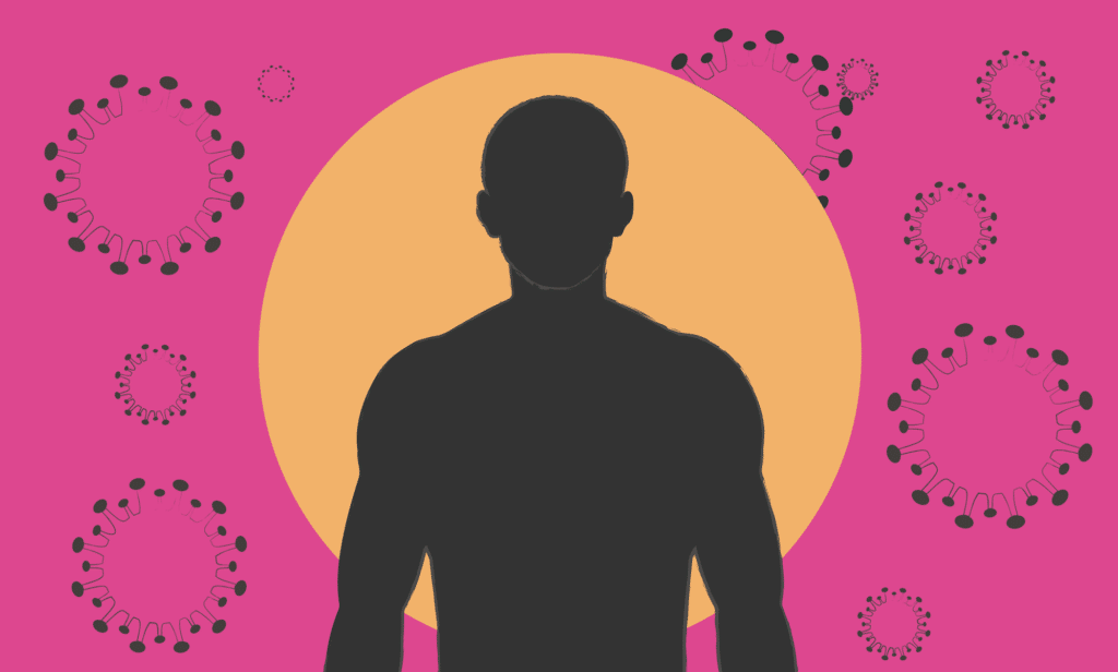 An outline of a man in front of a pink background with monkeypox cells