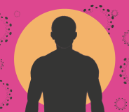 An outline of a man in front of a pink background with monkeypox cells