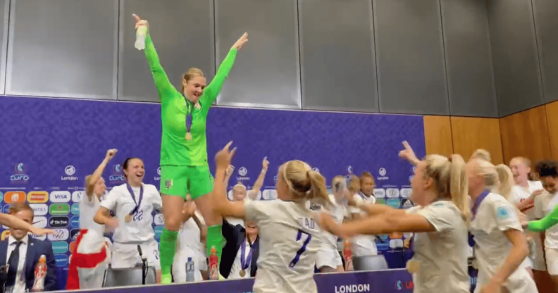 Triumphant lionesses gatecrash press conference singing It's Coming Home