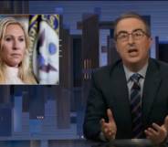 John Oliver wears a blue shirt, striped tie and dark suit jacket on the set of HBO Max's Last Week Tonight. There is an image of Georgia congresswoman Marjorie Taylor Greene in the corner. Greene is wearing a white top as she stands in front of a US flag