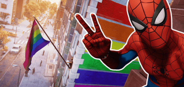 Spider-Man giving the peace symbol aside a Greenwich Pride flag