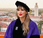 Taylor Swift in her NYU honorary graduate speaker robes photoshopped onto backdrop of city.