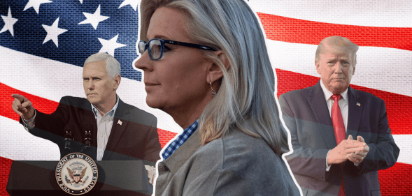 A graphic depicting Liz Cheney in front of Donald Trump and Mike Pence with a US flag in the background