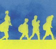 An image of a family fleeing violence in Ukraine. The family are silhouetted in the colours of the Ukrainian flag.