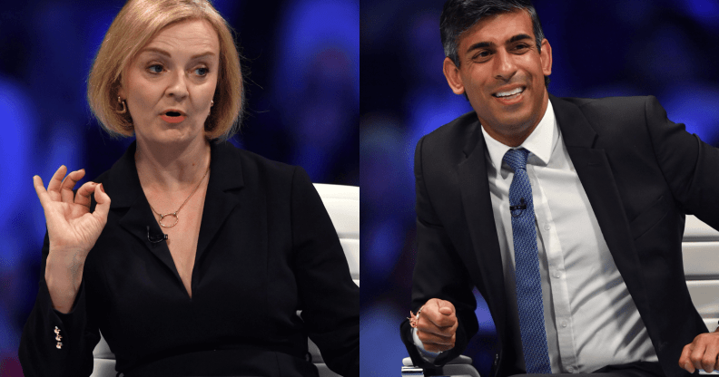 Liz Truss and Rishi Sunak sit on stage during a leadership hustings.