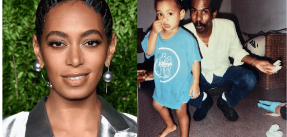 Two images are shown; the first on the left is of Solange Knowles as an adult, the second picture is of an old family photo showing Solange when she was a child with her uncle Johnny