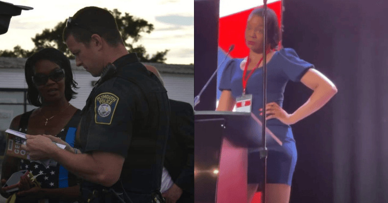 A split screen of Rayla Campbell, both beach searched by the police and speaking at an event.