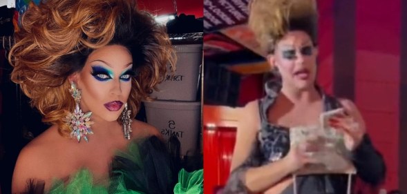 In this side by side, drag queen Shannel poses in drag and, in a screen capture of a video, holds a purse