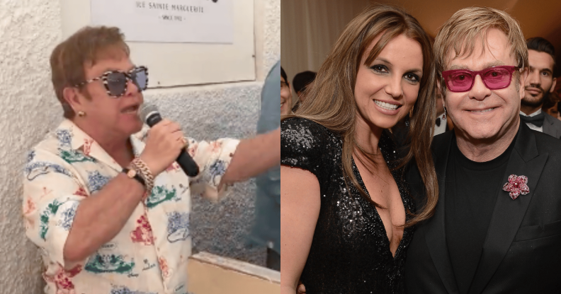 Two photos: Elton John singing into a microphone, and Elton John smiling with Britney Spears in 2013