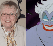 Photo of Pat Carroll, an older woman with cropped hair, and the purple sea witch Ursula