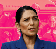 A graphic of Priti Patel standing in front of a pink background