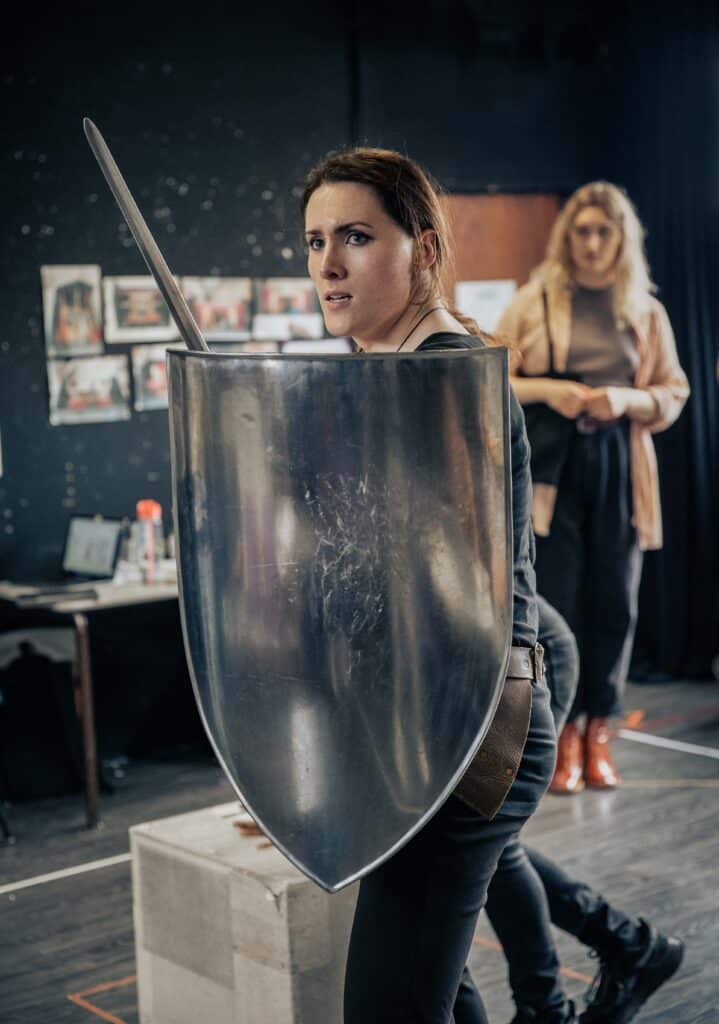 Abigail Thorn (centre) and Joni Ayton-Kent (right) In rehearsals. (Supplied)