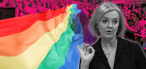 A graphic depicting Liz Truss in front of LGBTQ+ advocates