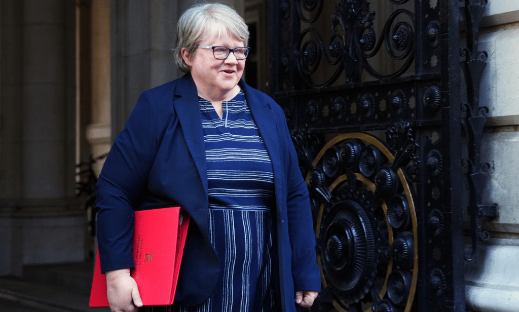 Thérèse Coffey holds a red folder as she stands outside