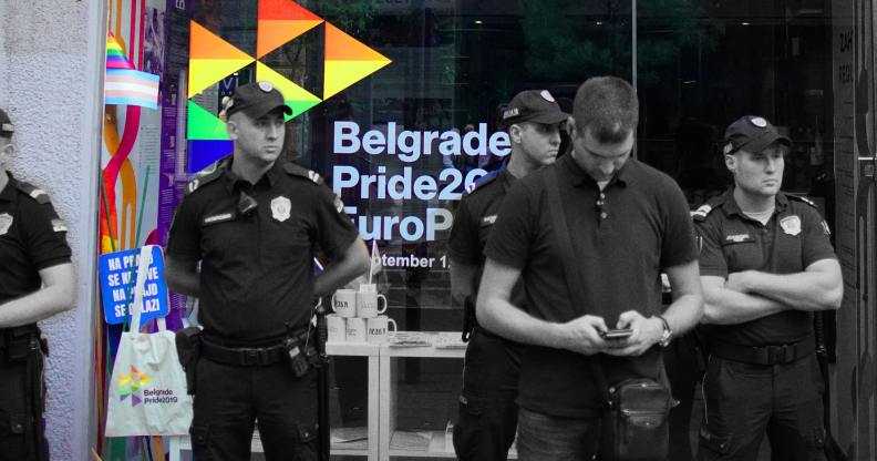 Police secure serbian LGBT Info centre during the 'Litiya for salvation of Serbia' in Belgrade.