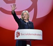 Sweden's Prime Minister and the Social Democratic party leader Magdalena Andersson waves to supporters during an election party at the Waterfront Conference Center in Stockholm