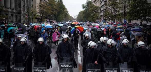 This photo shows riot police protecting participants at Belgrade Pride