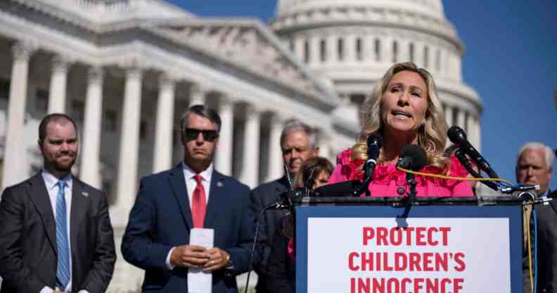 Rep. Marjorie Taylor Greene speaks during a news conference on Capitol Hill