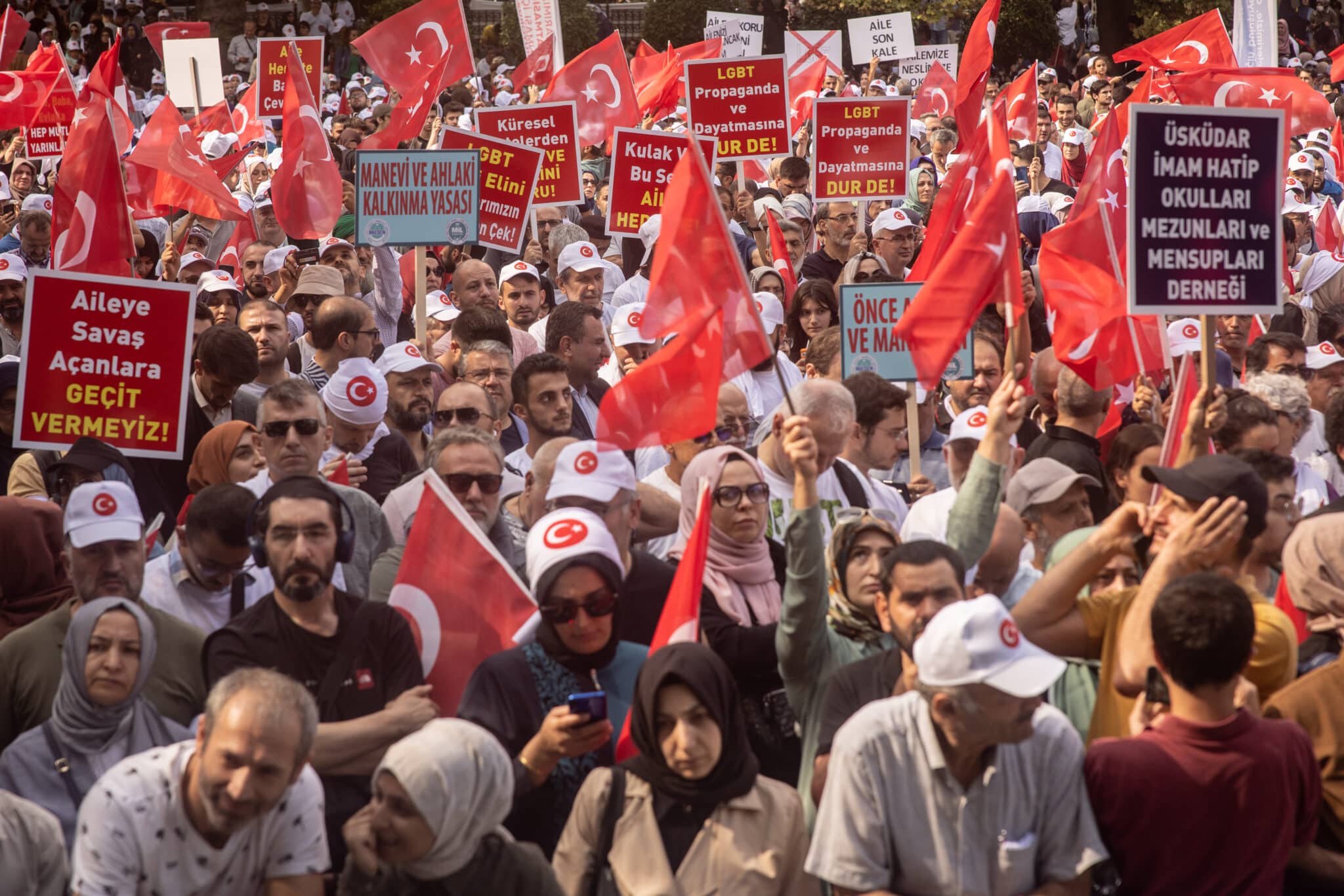 Protesters take part in an anti-LGBTQ+ rally in Istanbul on September 18, 2022 