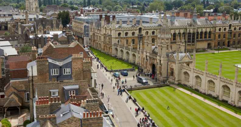 Elevated view of the skyline and spires of Cambridge and King's college.