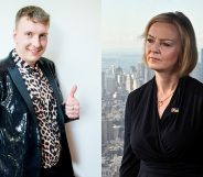 side-by-side photos of Joe Lycett giving a thumbs up and Liz Truss looking displeased