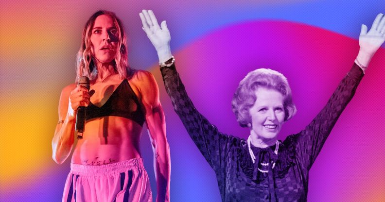 An image of Sporty Spice, Melanie C, looking surprised stands in front of an image of Margaret Thatcher who is shown holding her arms up and smiling