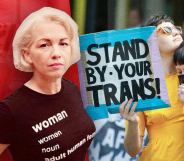 A graphic showing anti-trans activist Posie Parker on the left wearing an 'adult human female' t-shirt and on the right is an image showing trans activists holding a sign saying "Stand by your trans"