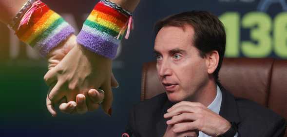 An image of two people holding hands with rainbow coloured wrist decoration and the boss of the UK Football Association.