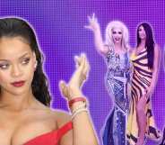 Rihanna pictured on the left against a purple background with Tatianna, Alyssa Edwards and Tom Holland on the right.