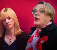 Images of Rosie Duffield and Eddie Izzard on a red background