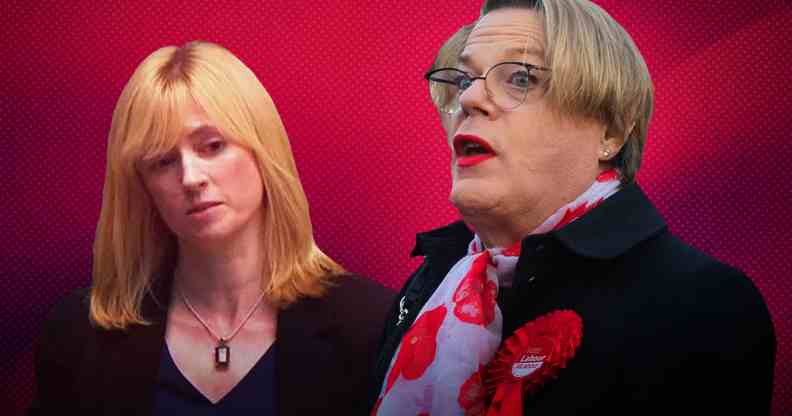 Images of Rosie Duffield and Eddie Izzard on a red background