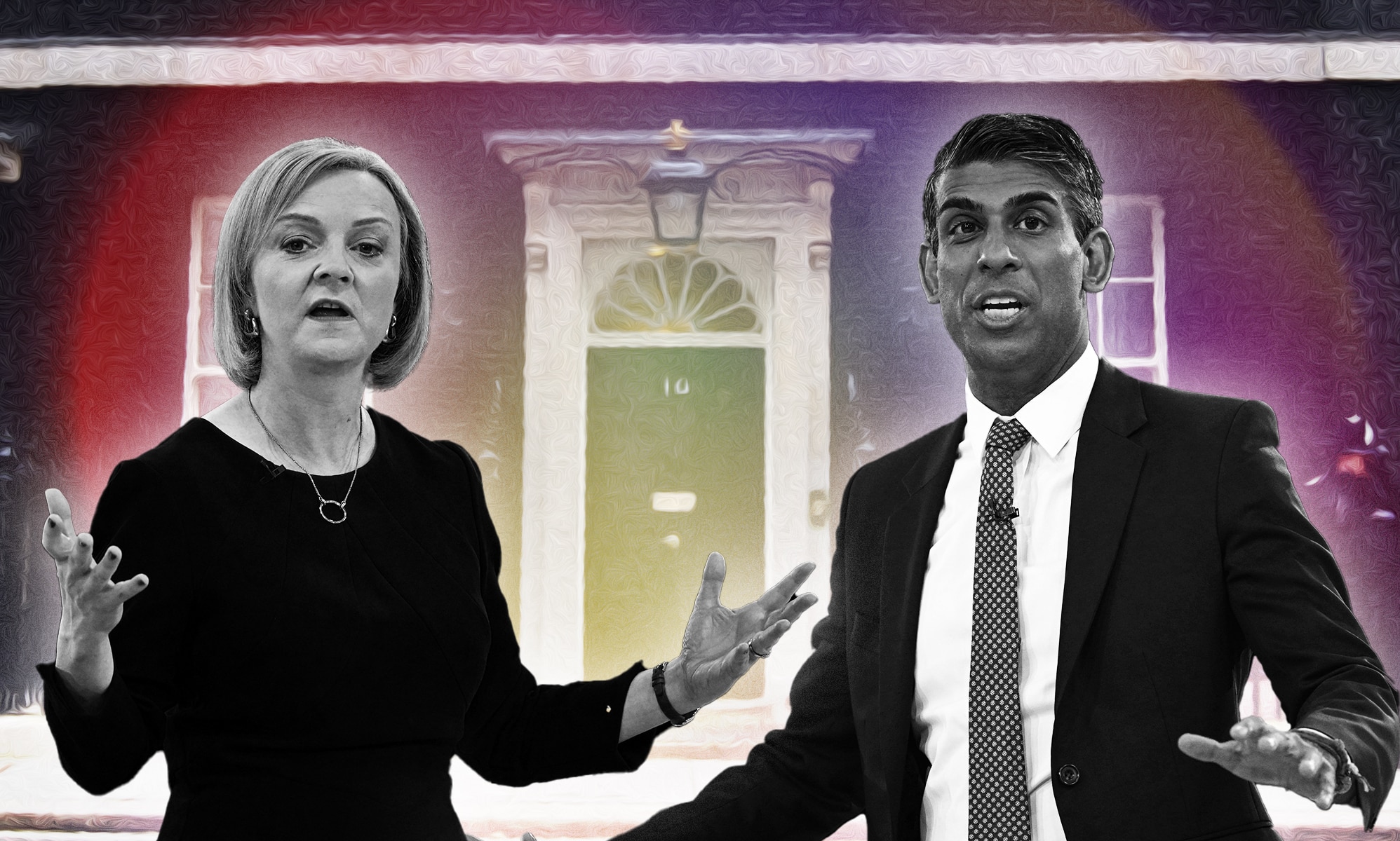 Collage of Liz Truss and Rishi Sunak in front of No 10