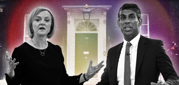 Collage of Liz Truss and Rishi Sunak in front of No 10