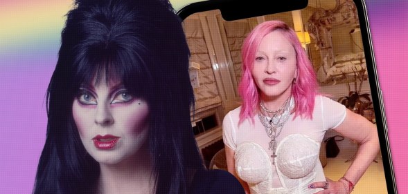 A cut-out image of Elvira superimposed next to an image of Madonna's TikTok clip