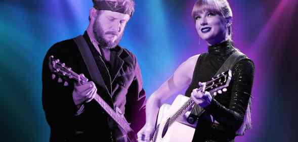 A graphic with images of music stars Justin Vernon and Taylor Swift superimposed in front of colourful spotlights. (Getty)