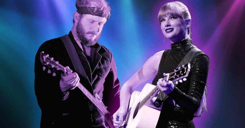 A graphic with images of music stars Justin Vernon and Taylor Swift superimposed in front of colourful spotlights. (Getty)