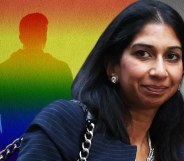 An image showing a man in rainbow colours with his back turned on the left with Suella Braverman pictured on the right.