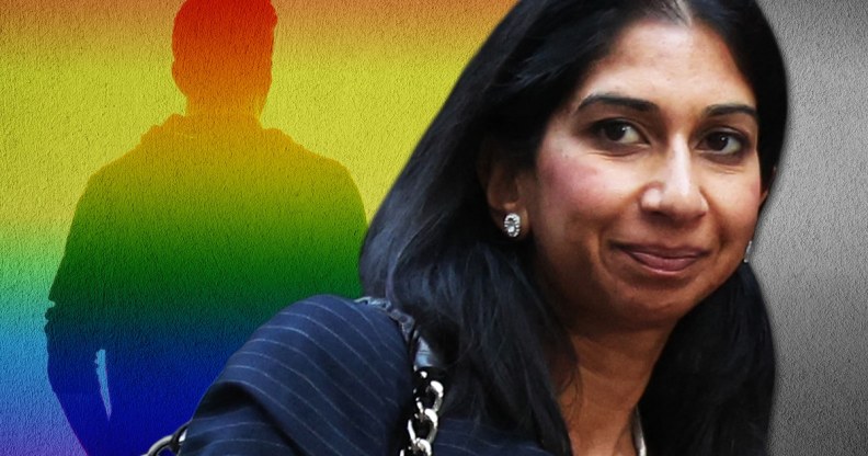 An image showing a man in rainbow colours with his back turned on the left with Suella Braverman pictured on the right.