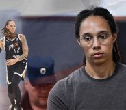 A graphic depicting Brittney Griner as she played for the WNBA team Phoenix Mercury and another image of her appearing before a Russia court