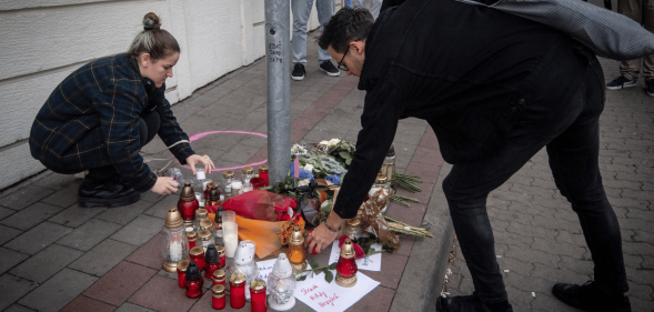 A memorial has been created on the pavement at Zamocka Street in Bratislava, Slovakia after a 'radicalised teen' shot dead two men at Tepláreň